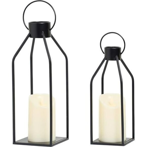 Black Metal Candle Lantern Set Farmhouse Decor with Timer for Table Fireplace - Picture 7 of 7